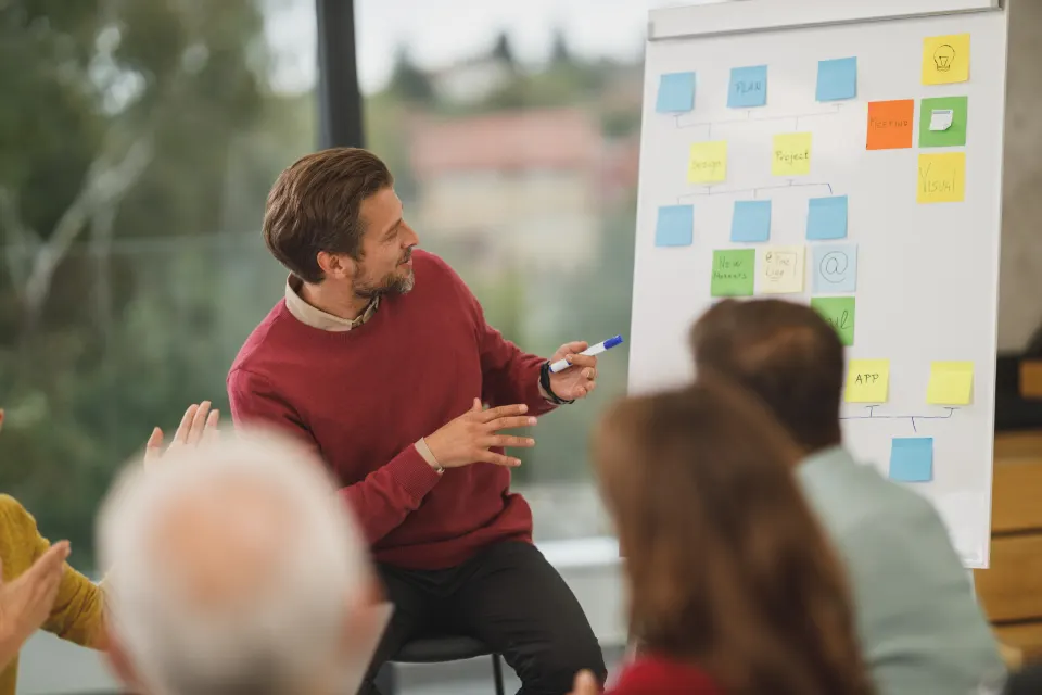 A facilitator at a flipchart pointing to a tree of sticky notes while a small group listens